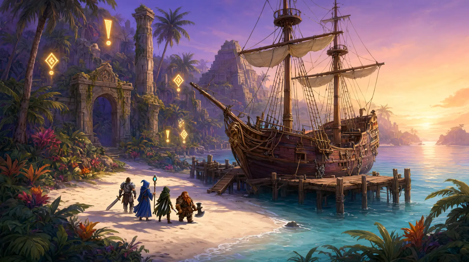 Adventurers stepping off a ship onto a tropical island with glowing quest markers