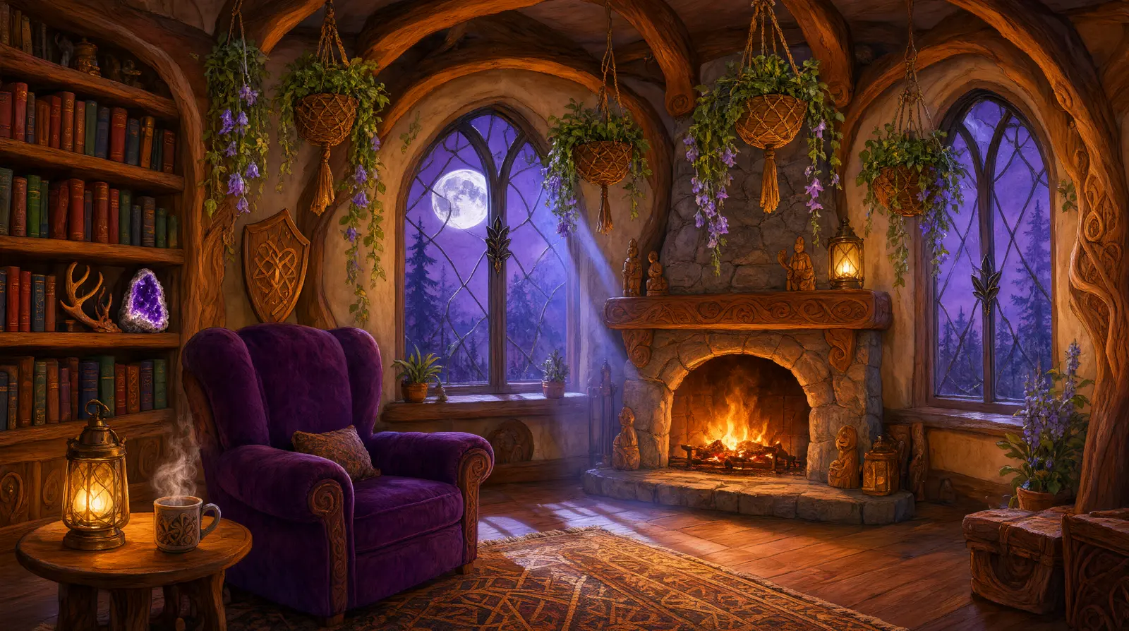 A cosy elven cottage interior with fireplace, bookshelves and moonlit arched windows
