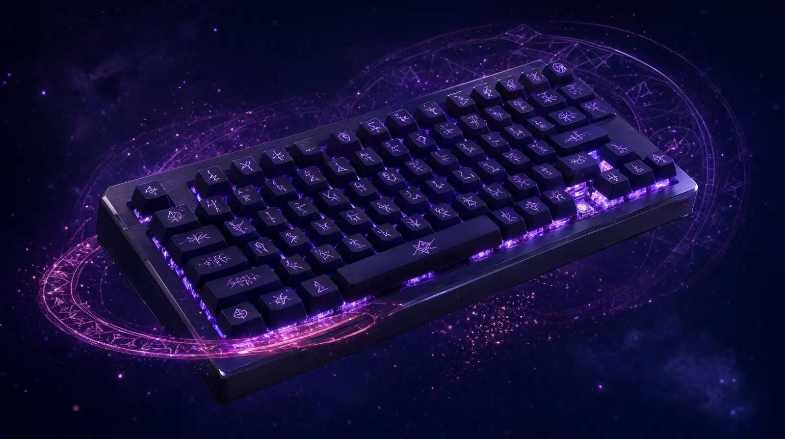 A dark mechanical keyboard with glowing purple rune keycaps floating in void space