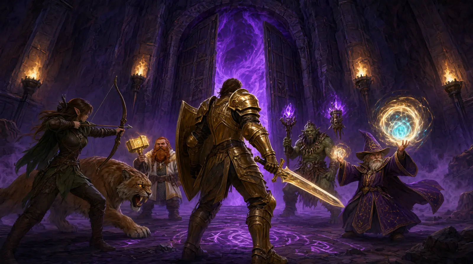 A party of five adventurers facing a void-wreathed dungeon gate